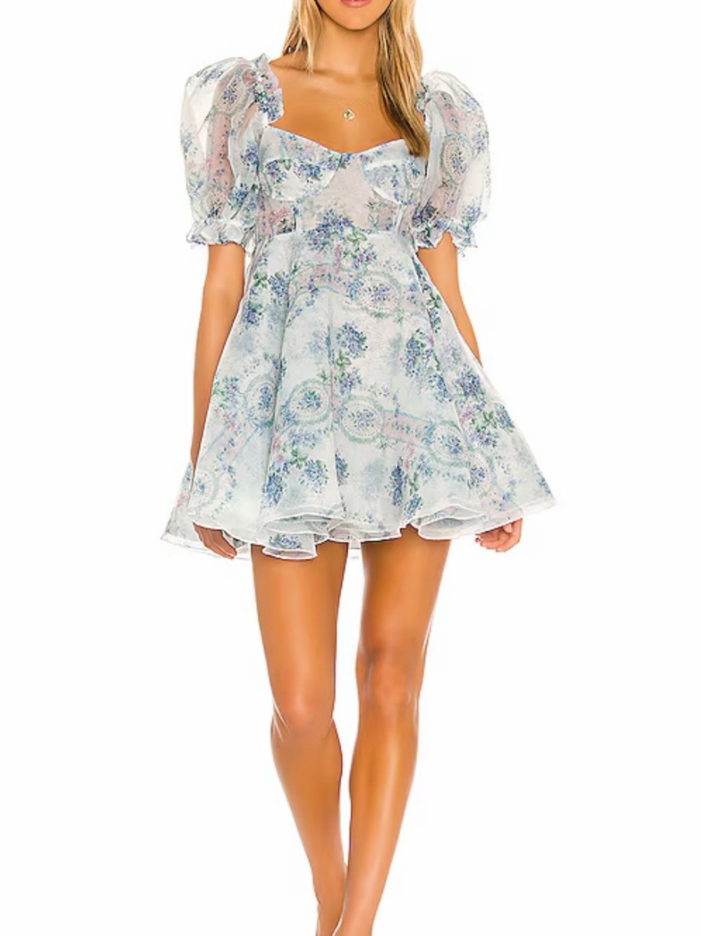 Selkie White and Light Blue Floral Puff-Sleeve Mini Dress